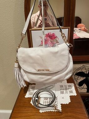 Michael Kors White Leather Crossbody Shoulder Bag with Tassel